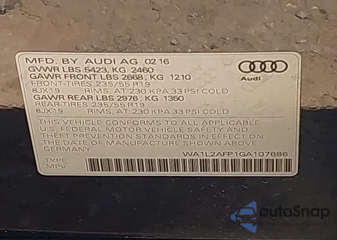 2016 Audi Q5 2.0T Premium from USA, damaged, VIN WA1L2AFP1GA107686